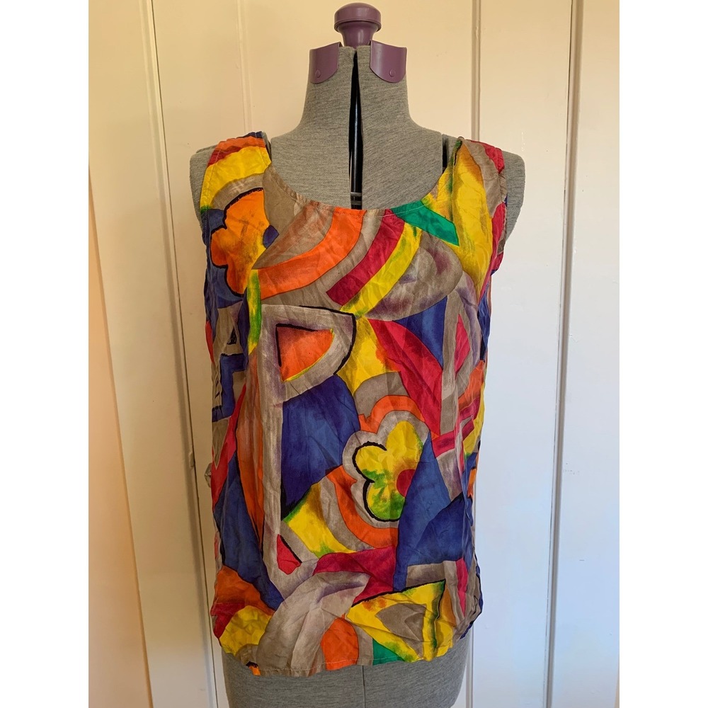 Vintage Abstract Geometric Print Silk Tank Top Multi-Color Sleeveless Blouse